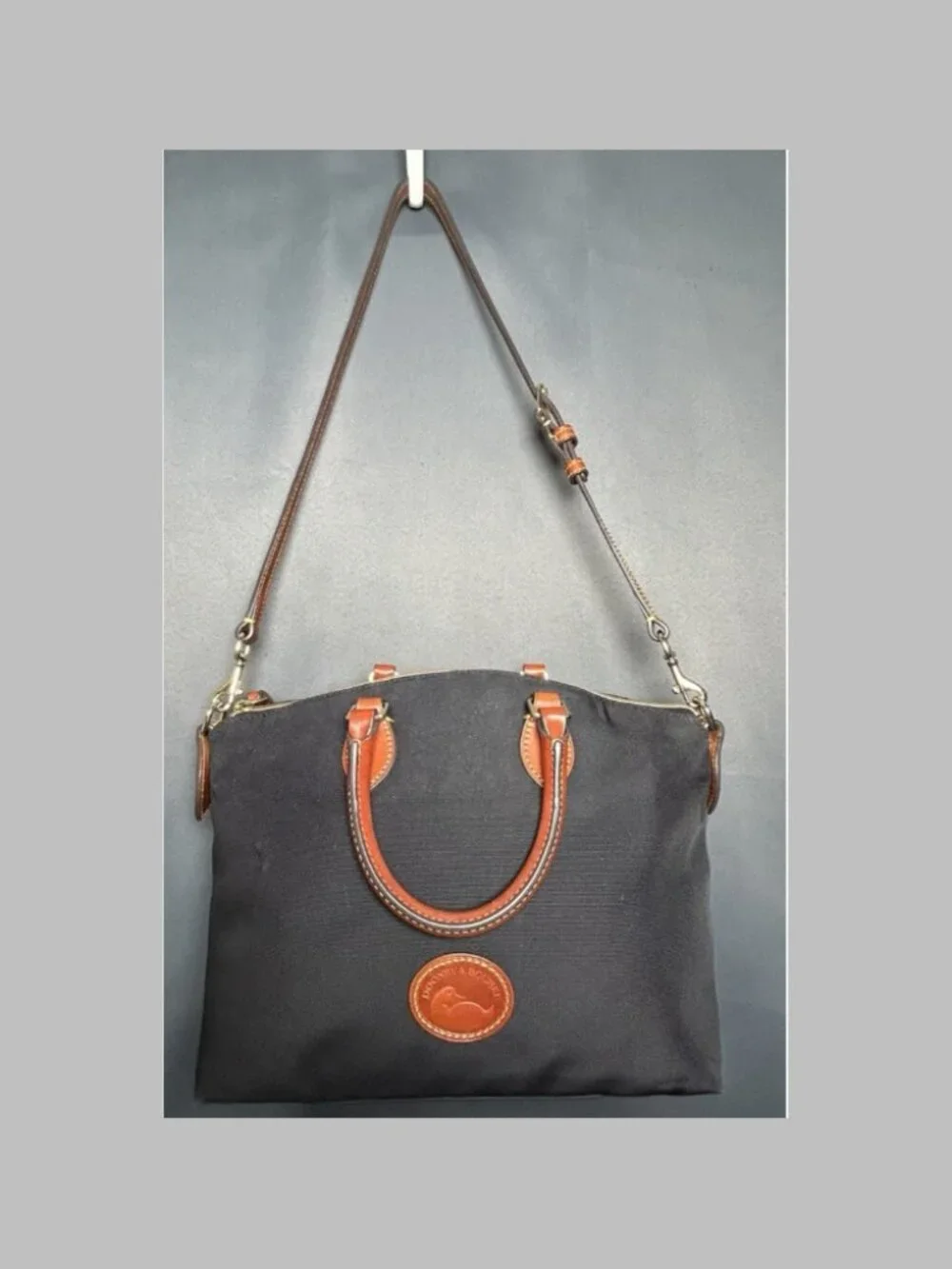 Dooney & Bourke Black Nylon Satchel Shoulder Tote Bag Brown Leather Trim COA